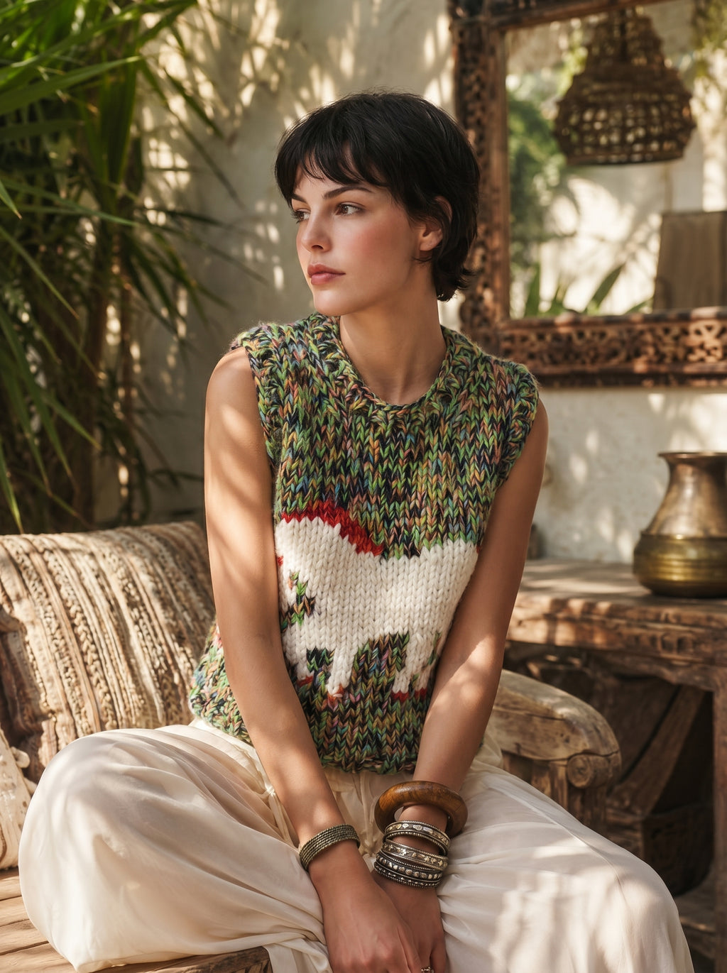 Handcrafted White Horse Intarsia Knit Vest