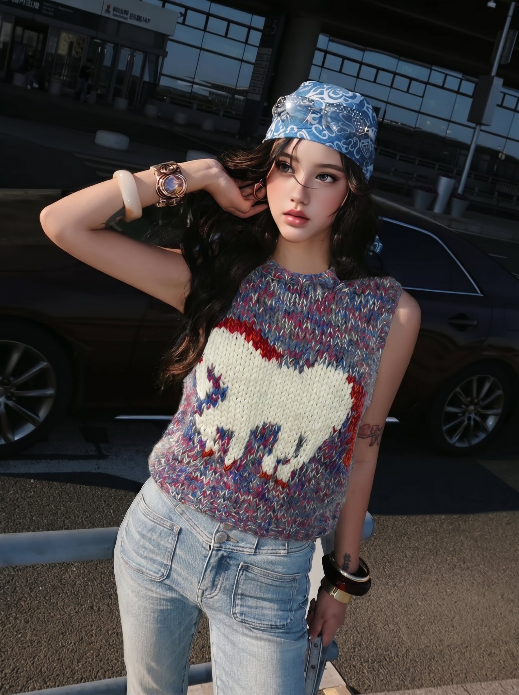 Marl & Bear — Hand-Knitted Intarsia Vest in Red, Blue & Ivory