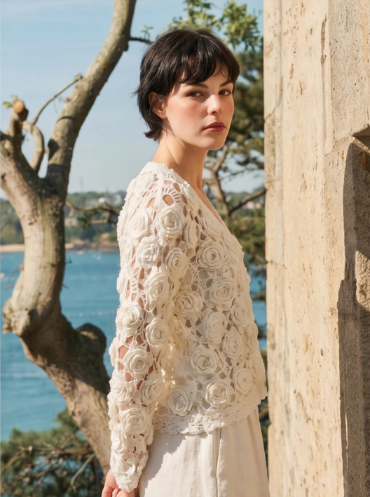 Handcrafted Ivory 3D Rose Crochet Cardigan — Full Floral Open Weave
