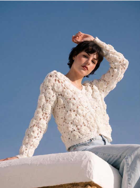 Handcrafted Ivory 3D Rose Crochet Cardigan — Full Floral Open Weave