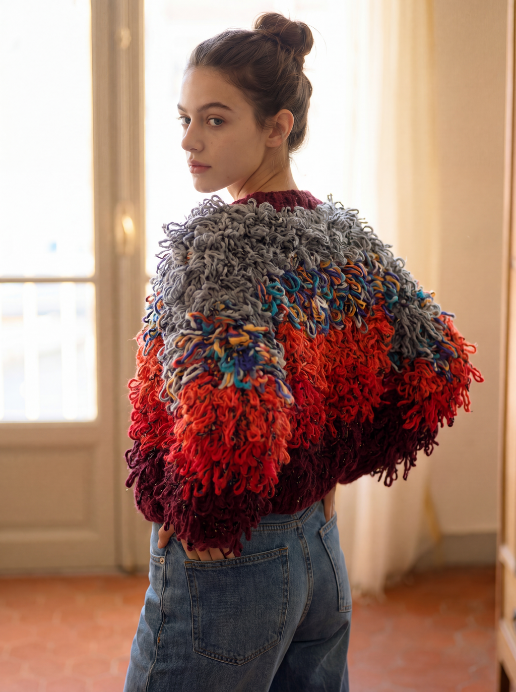 Ember Fringe — Hand-Knitted Loopy Cardigan in Grey, Red & Burgundy