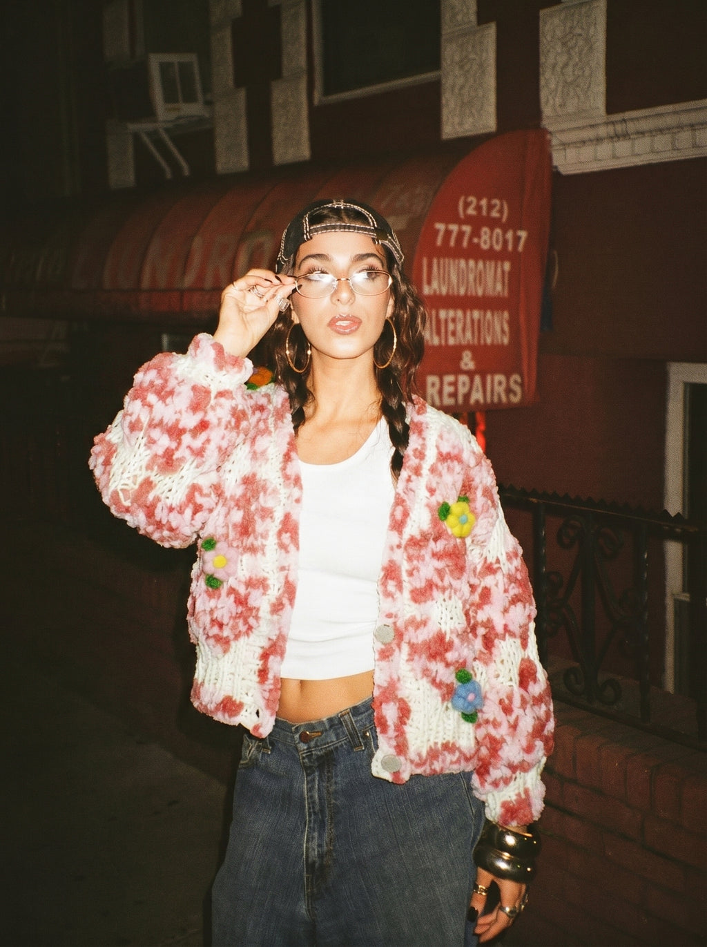 Garden Party II — Hand-Knitted Diamond Cardigan in Pink, Ivory & 3D Flowers