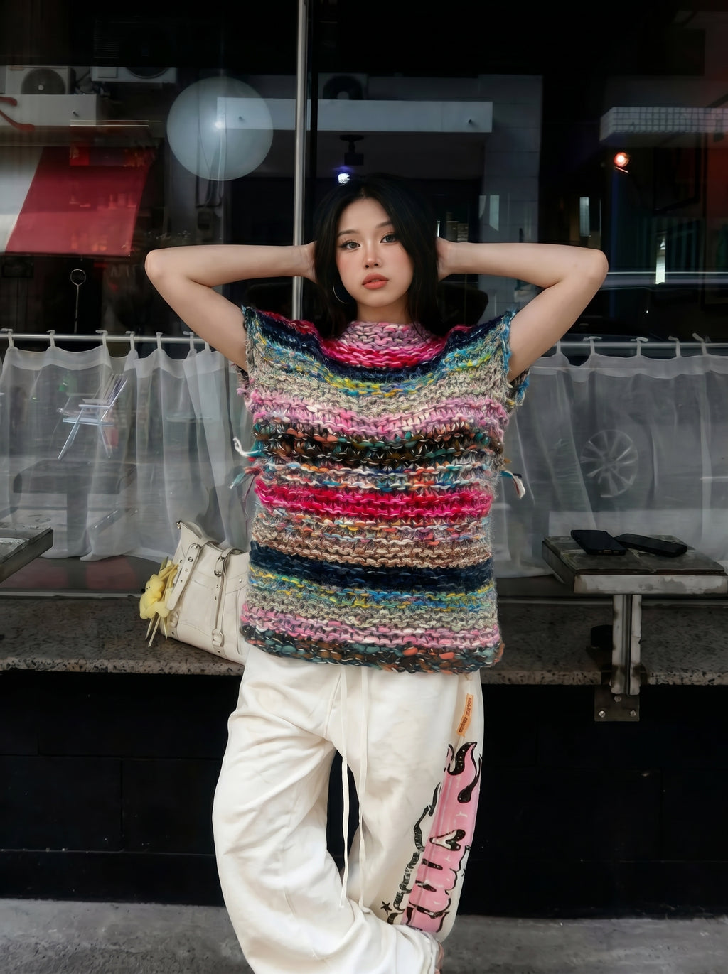 Prism Drift — Hand-Knitted Multicolour Stripe Vest in Rainbow Blend