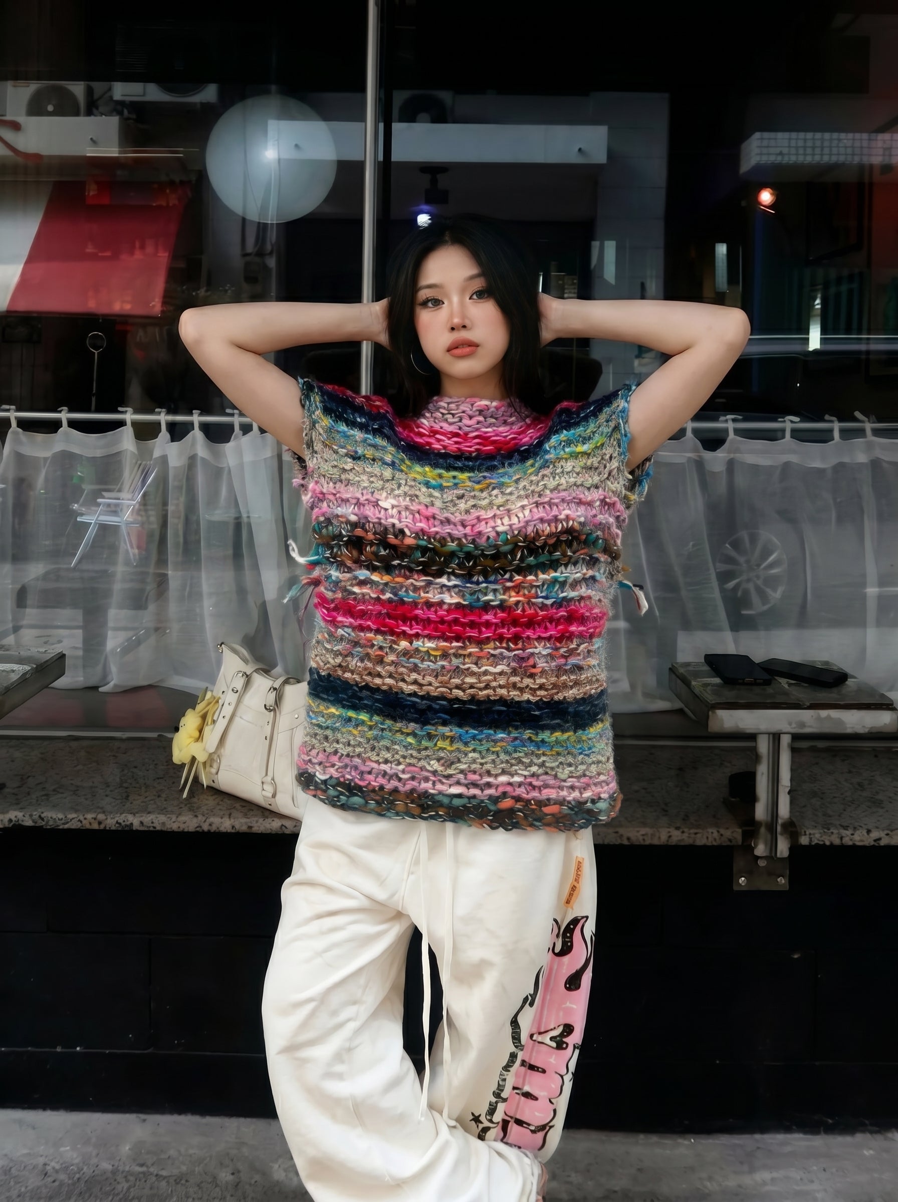 Prism Drift — Hand-Knitted Multicolour Stripe Vest in Rainbow Blend
