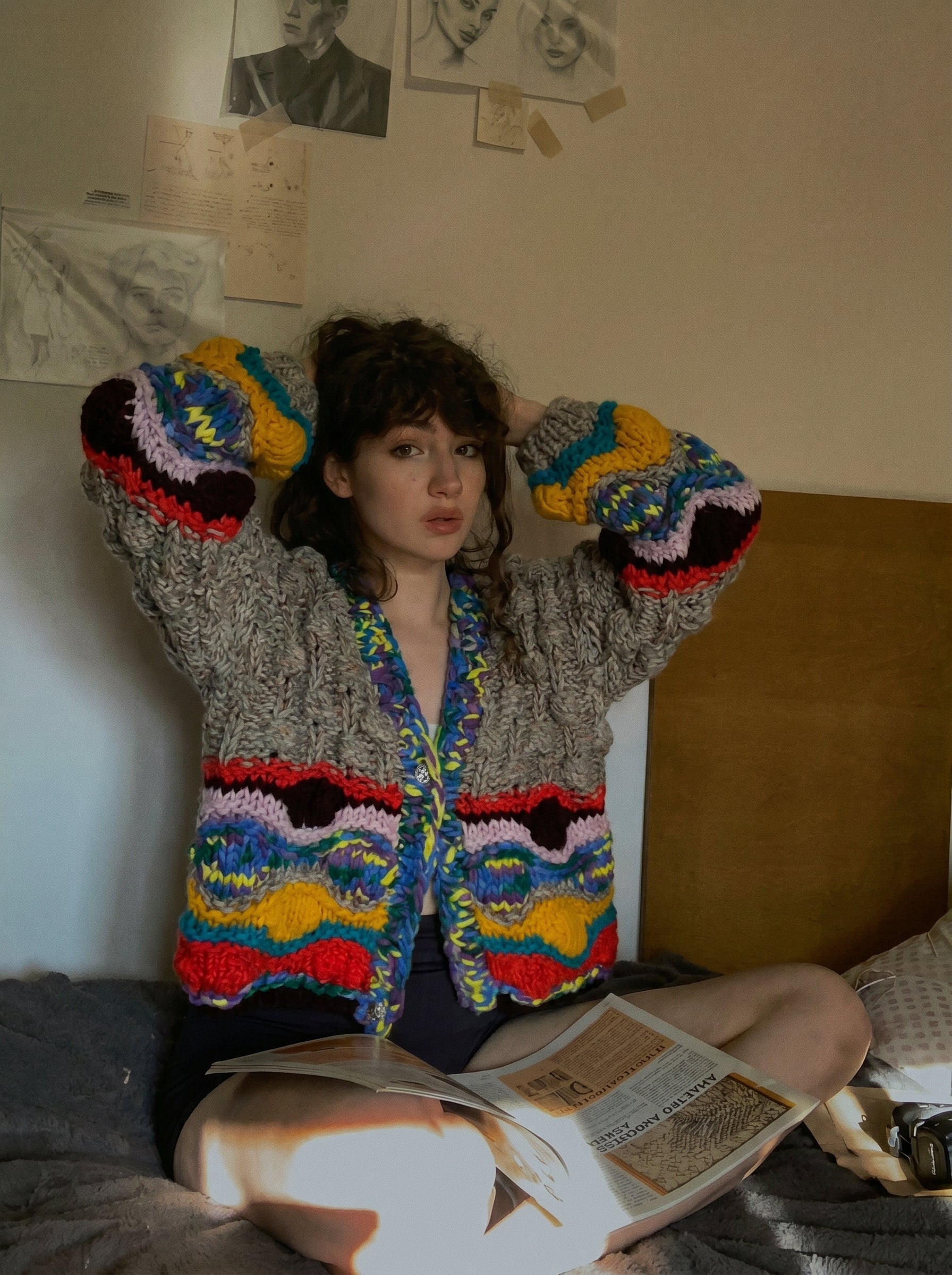 Stained Glass — Hand-Knitted Chevron Cardigan in Grey, Yellow, Teal & Multicolor