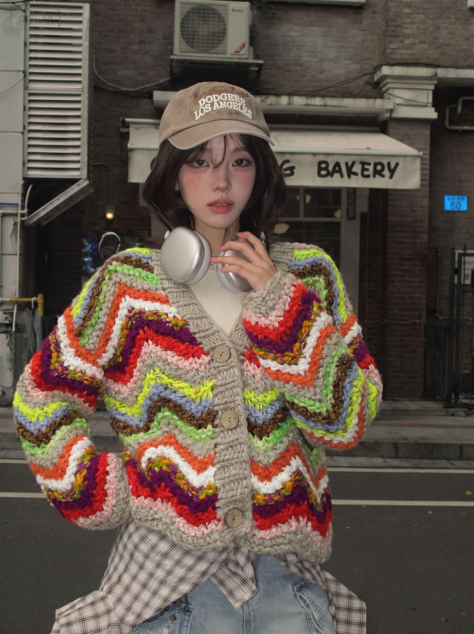Chevron Wave Handknit Cardigan — Oatmeal Rainbow