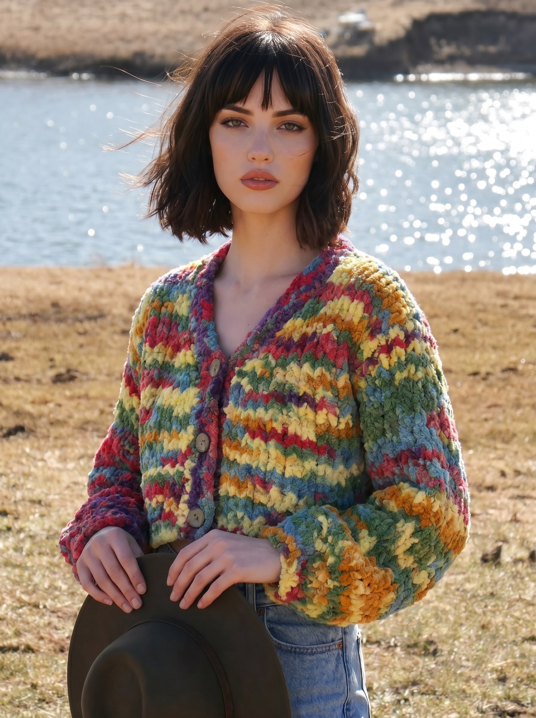 Rainbow Riot — Hand-Knitted Chevron Cardigan in Full Spectrum Multicolor