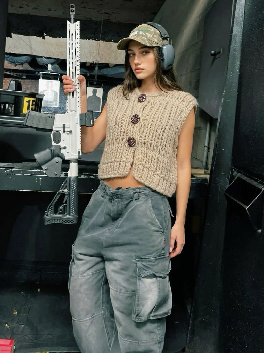 Handcrafted Oatmeal Chunky Knit Vest — Crystal Rhinestone Button Detail