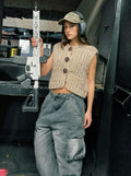 Handcrafted Oatmeal Chunky Knit Vest — Crystal Rhinestone Button Detail