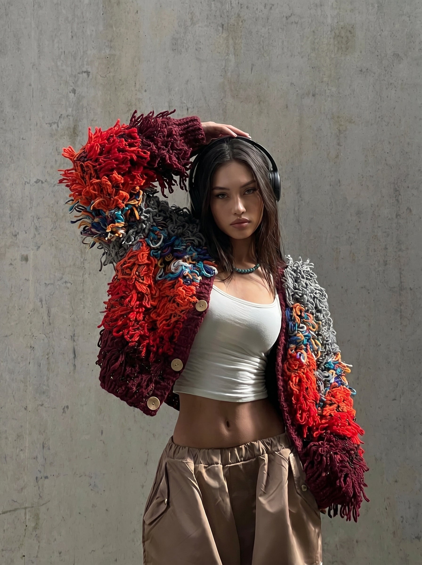 Ember Fringe — Hand-Knitted Loopy Cardigan in Grey, Red & Burgundy