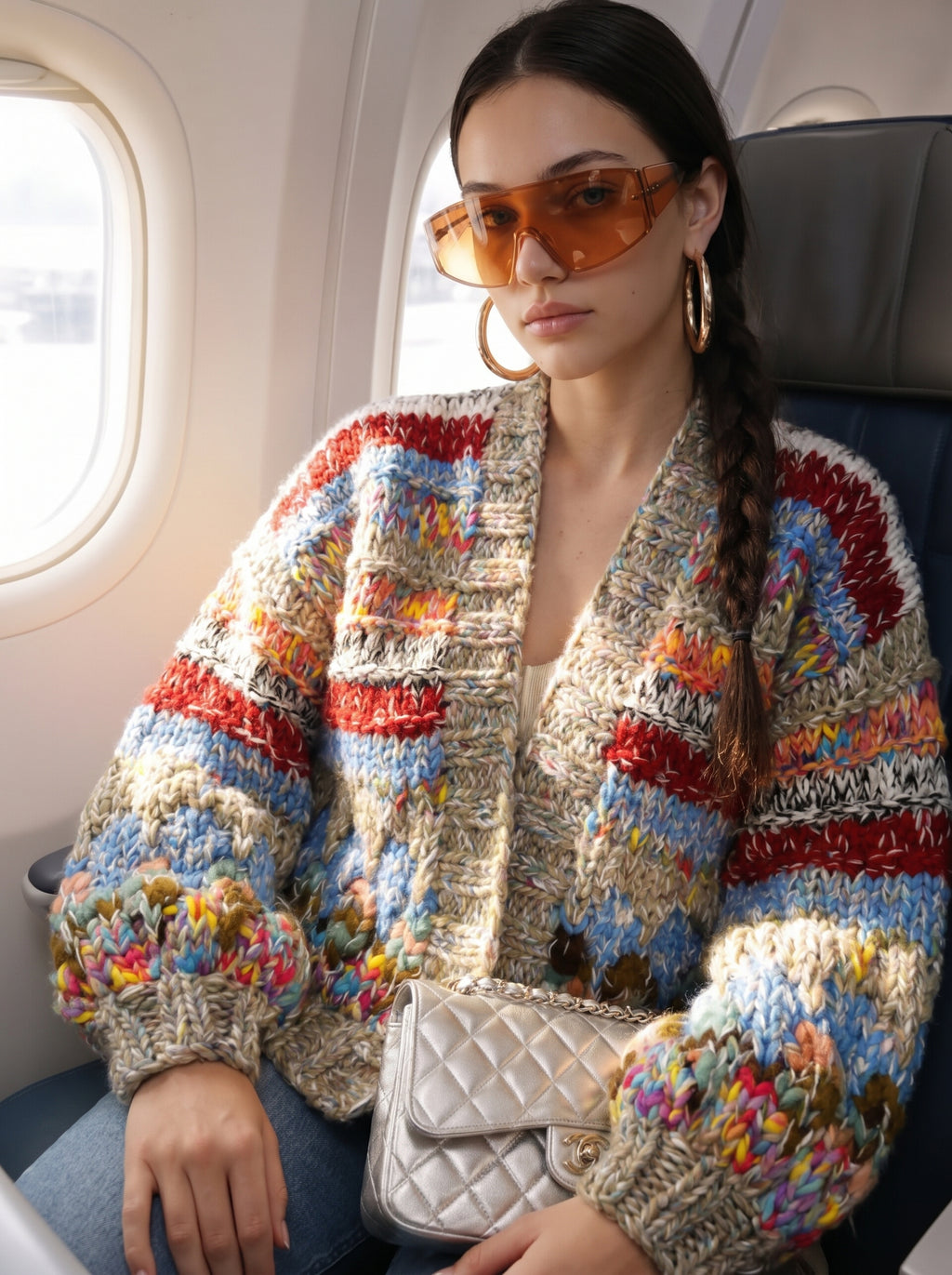 First Class — Hand-Knitted Stripe Cardigan in Ivory, Red & Multicolor Marl