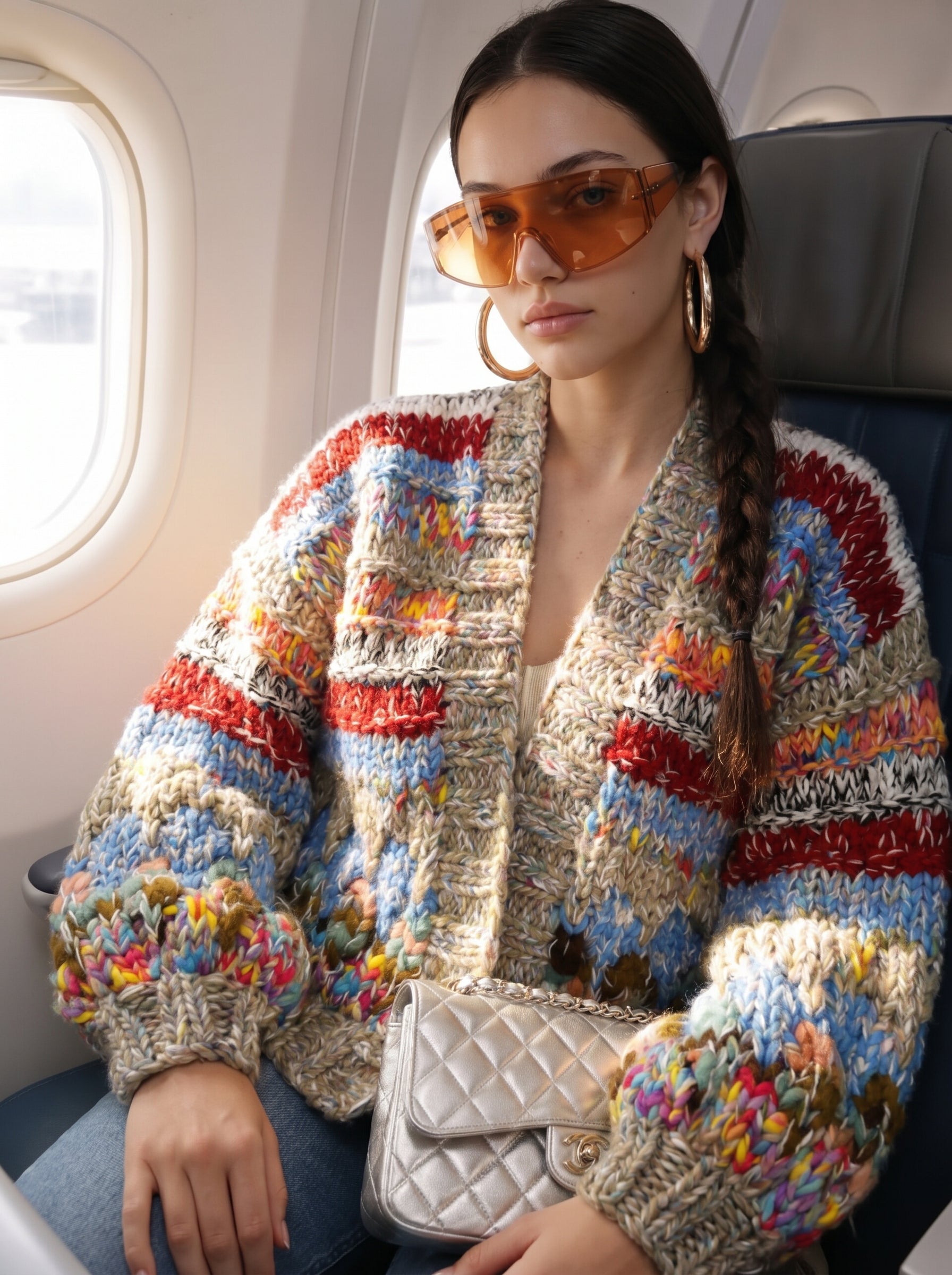 First Class — Hand-Knitted Stripe Cardigan in Ivory, Red & Multicolor Marl