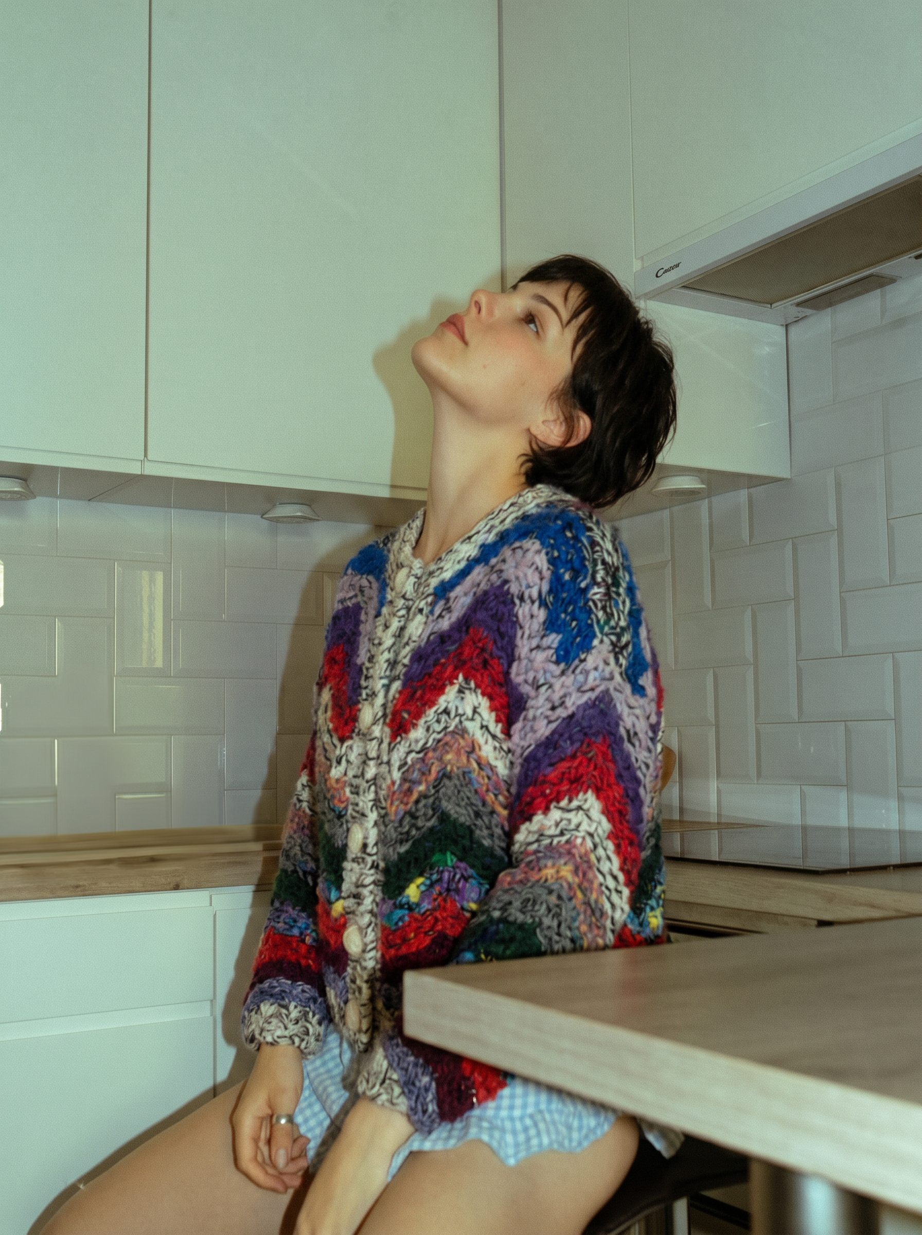 Handcrafted Chevron Stripe Chunky Knit Cardigan — Multicolor