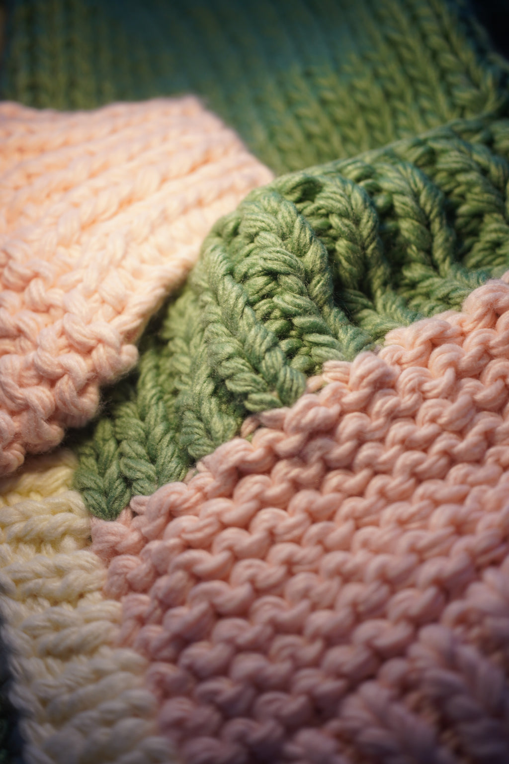 Handcrafted Colour-Block Chunky Knit Cardigan — Forest Green, Pink & Oatmeal