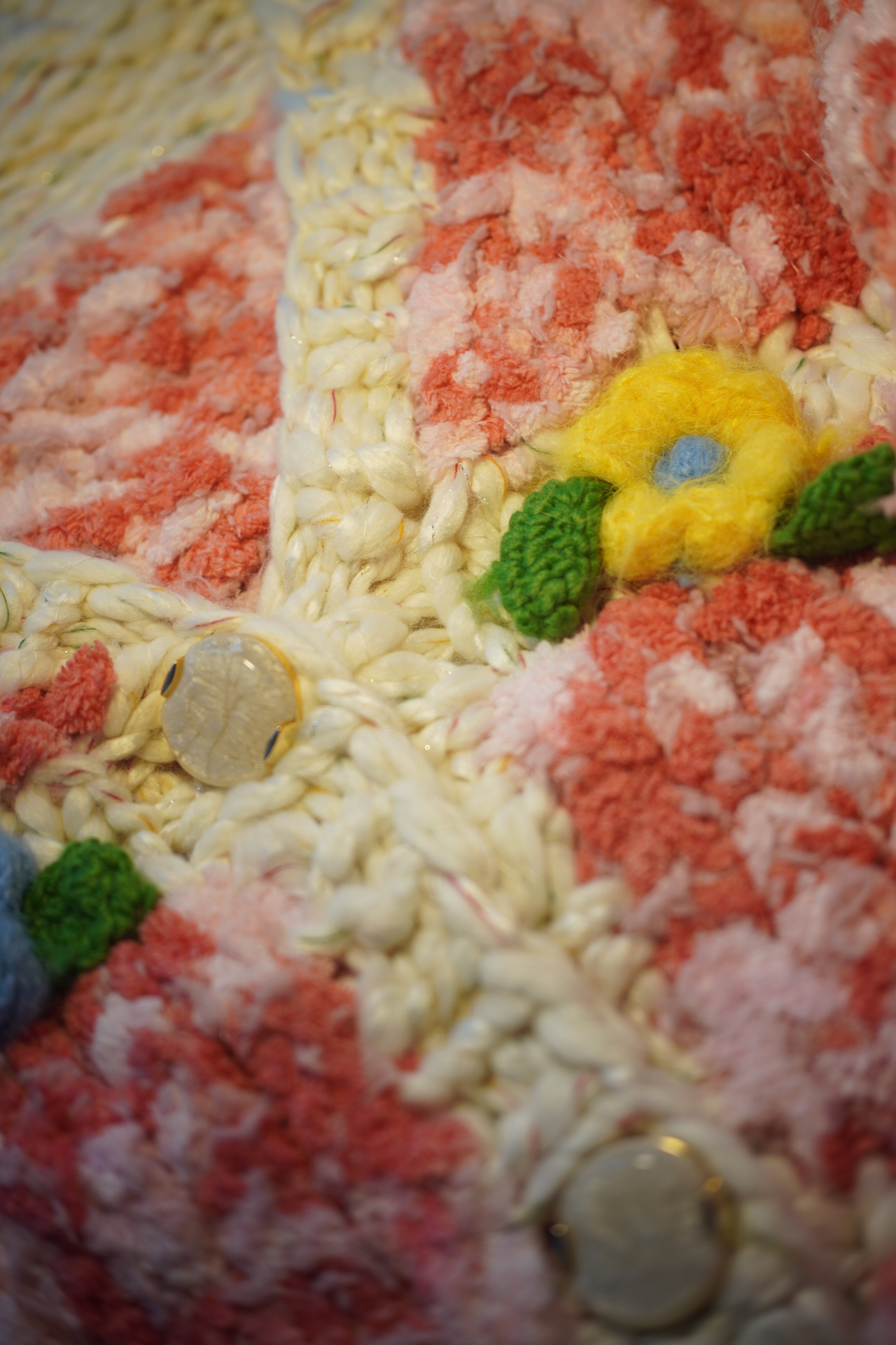 Garden Party II — Hand-Knitted Diamond Cardigan in Pink, Ivory & 3D Flowers
