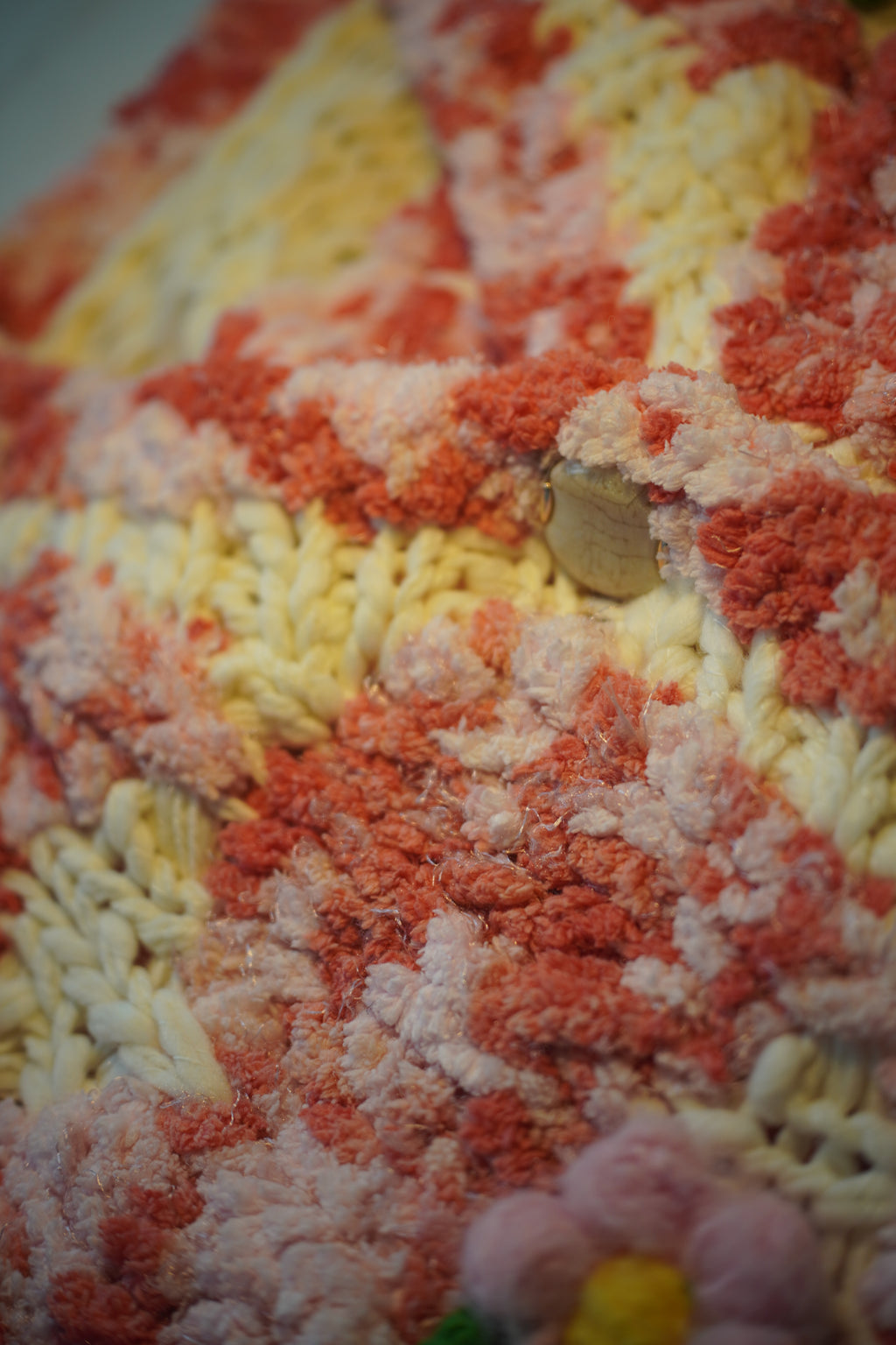 Garden Party III — Hand-Knitted Diamond Cardigan in Pink, Ivory & 3D Flowers