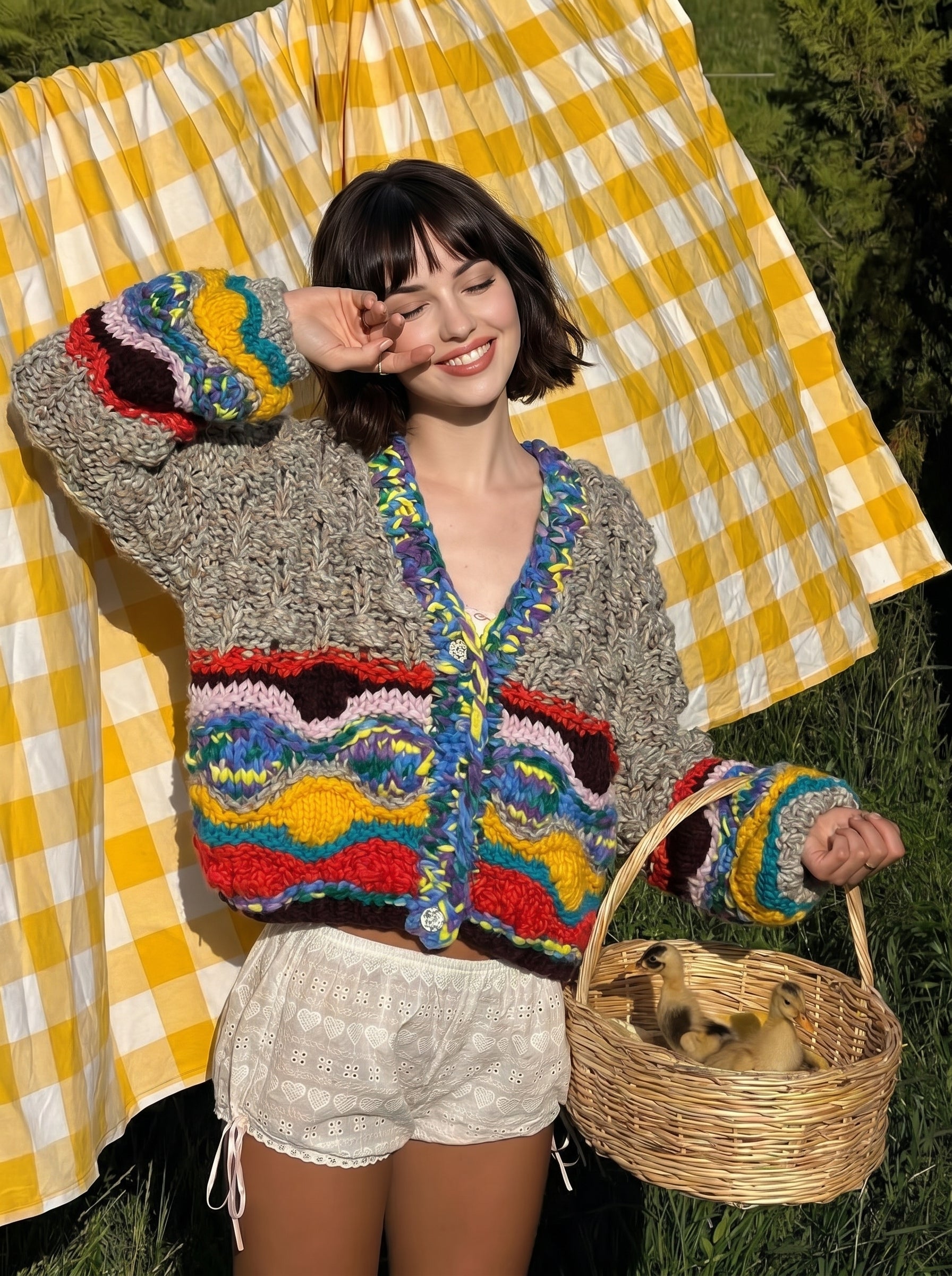 Stained Glass — Hand-Knitted Chevron Cardigan in Grey, Yellow, Teal & Multicolor