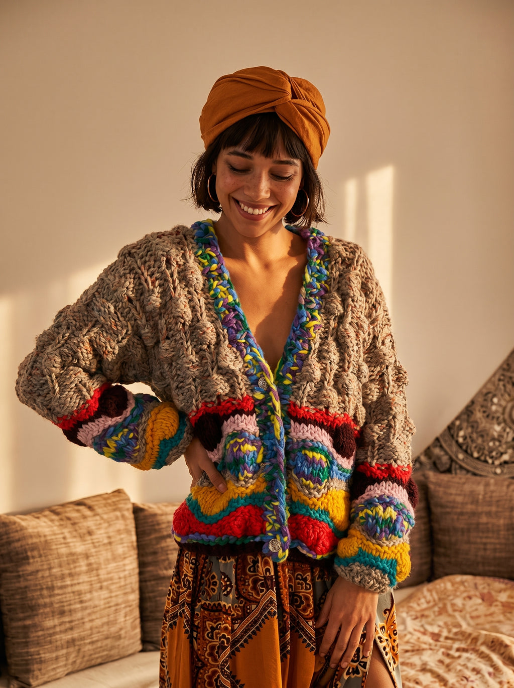 Stained Glass — Hand-Knitted Chevron Cardigan in Grey, Yellow, Teal & Multicolor