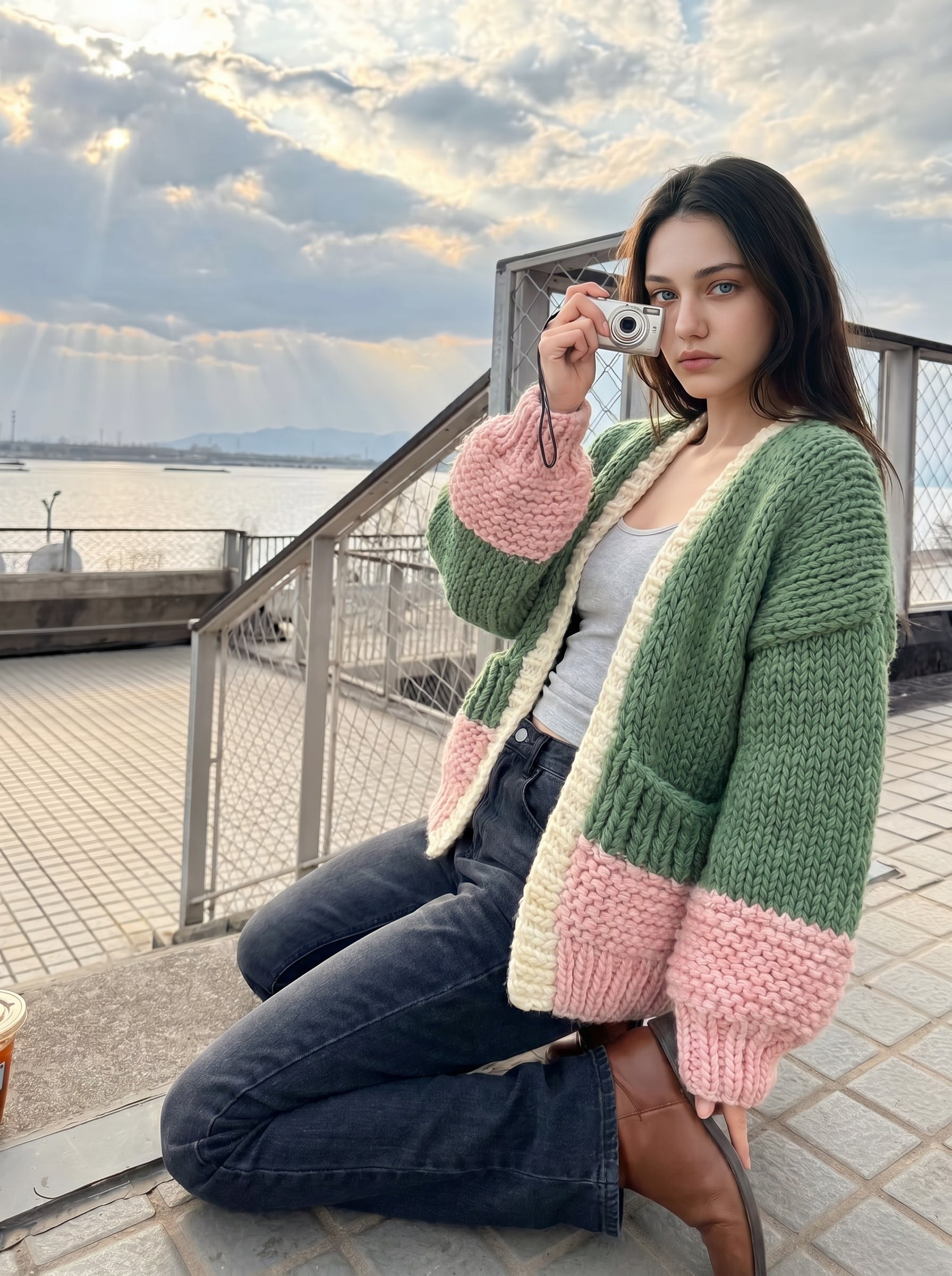 Handcrafted Colour-Block Chunky Knit Cardigan — Forest Green, Pink & Oatmeal