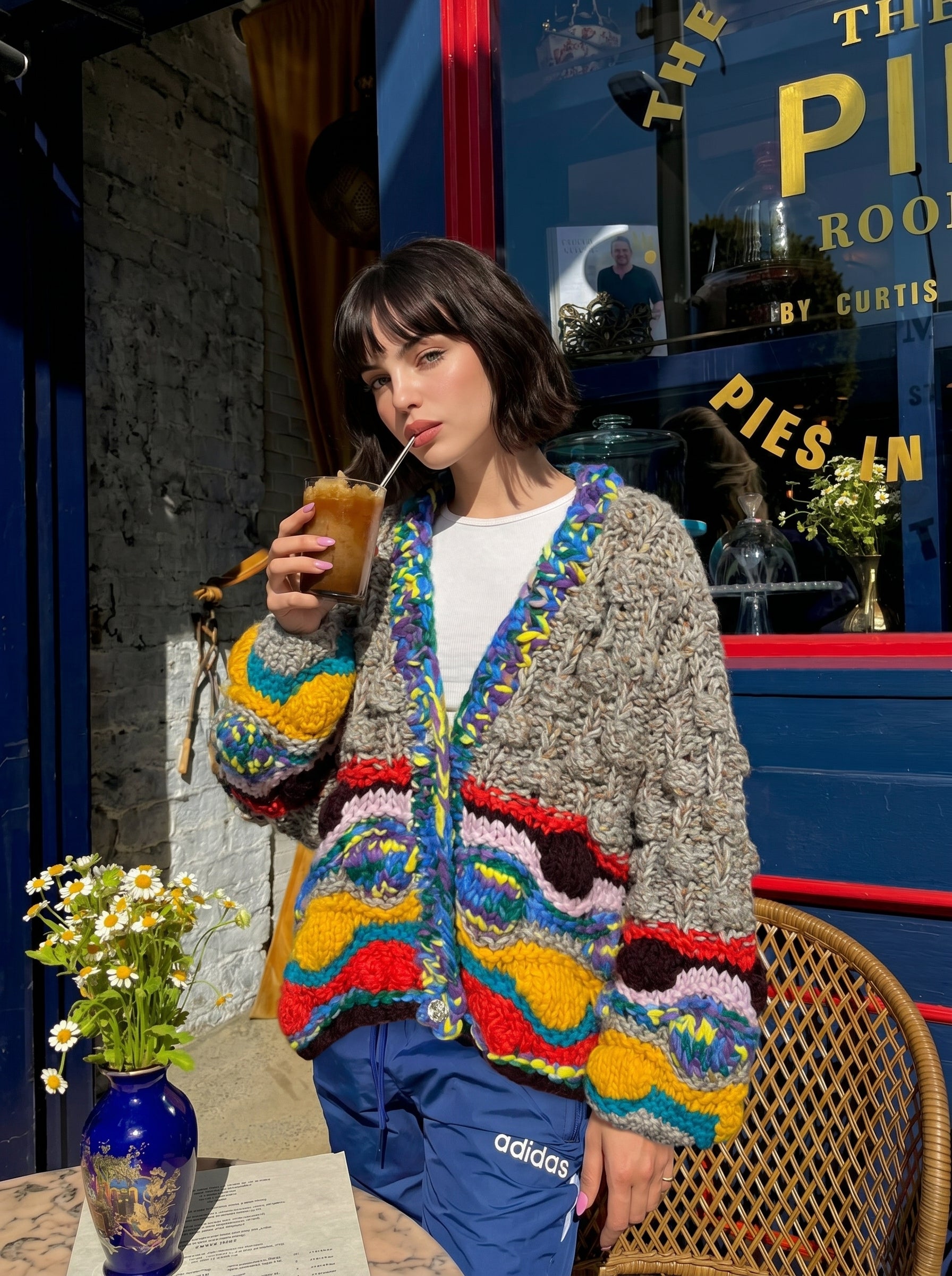 Stained Glass — Hand-Knitted Chevron Cardigan in Grey, Yellow, Teal & Multicolor