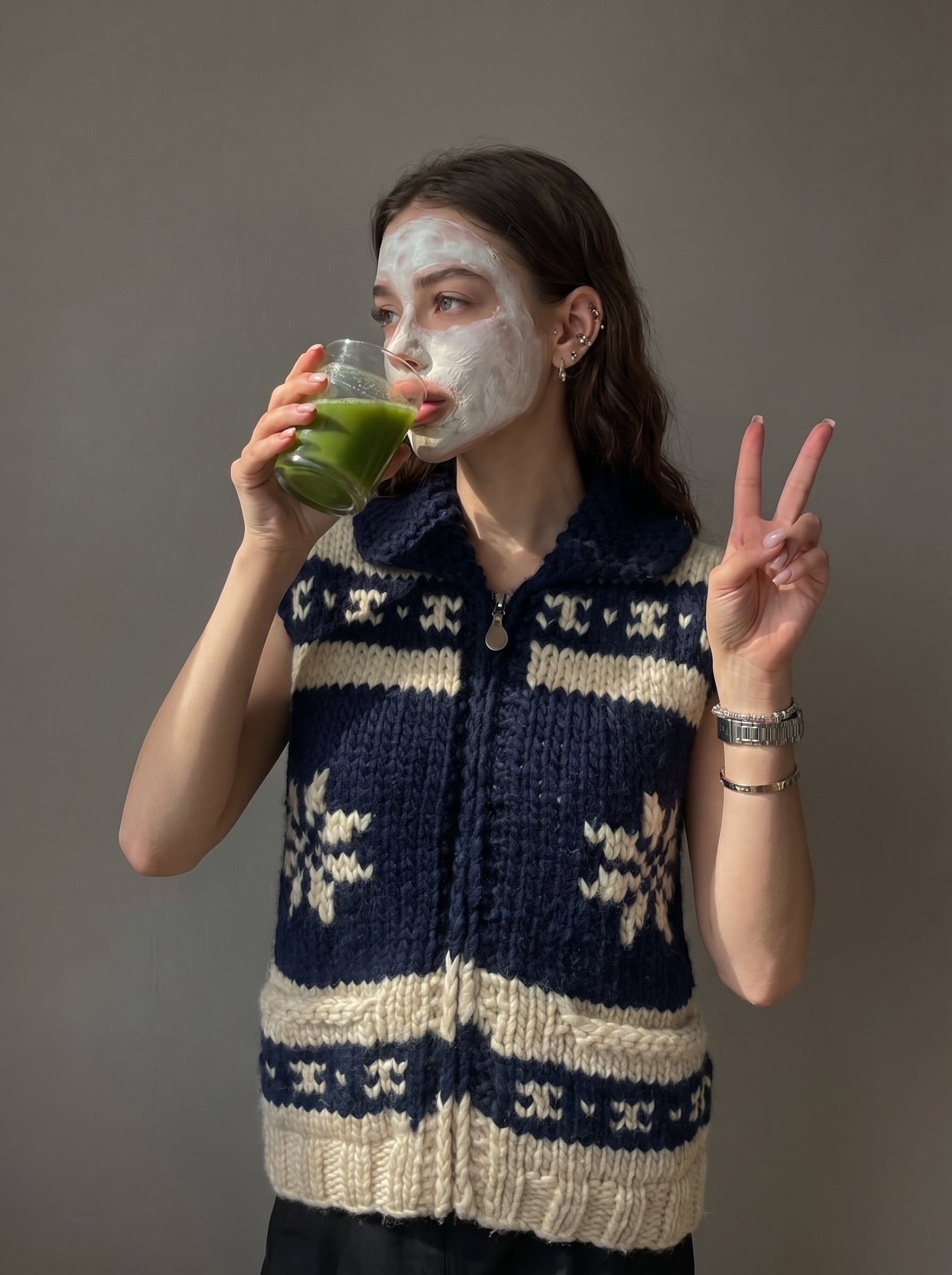 Handcrafted Navy & Cream Snowflake Knit Vest — Zip Front with Collar