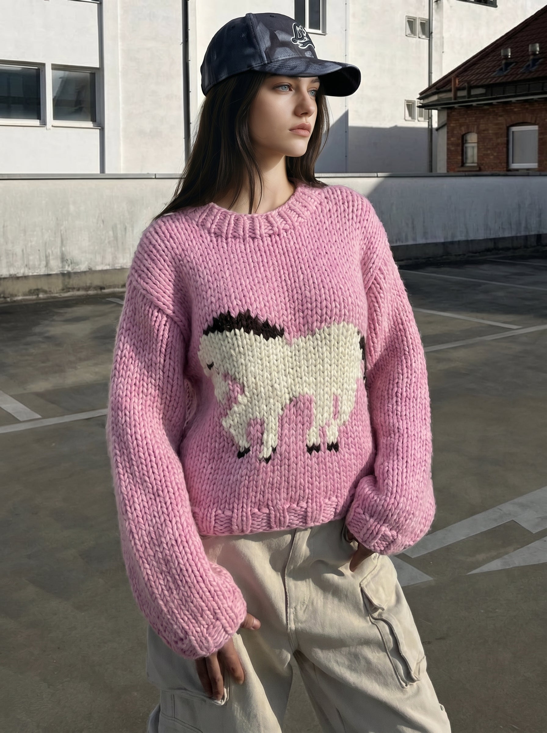 Pink Pony — Hand-Knitted Intarsia Sweater in Pink & Ivory