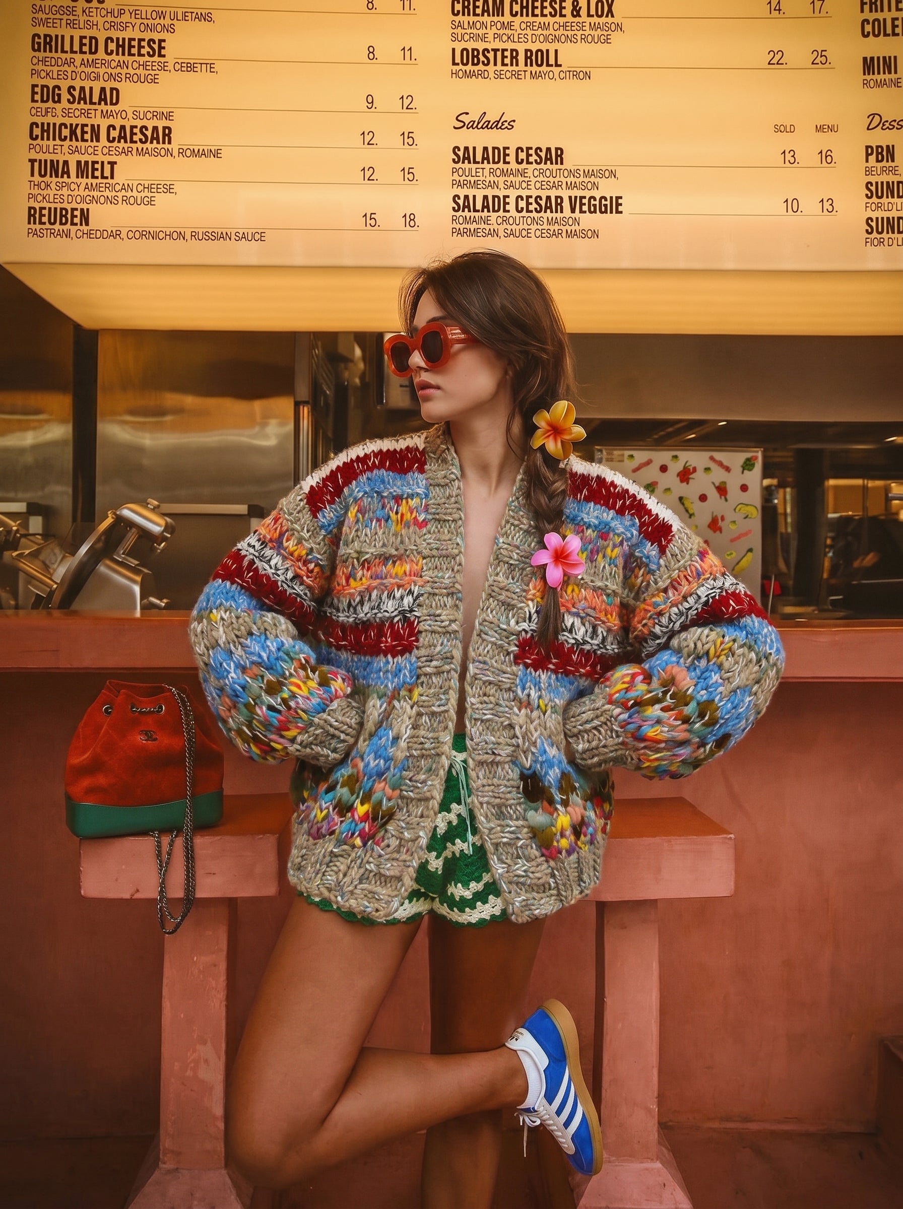First Class — Hand-Knitted Stripe Cardigan in Ivory, Red & Multicolor Marl