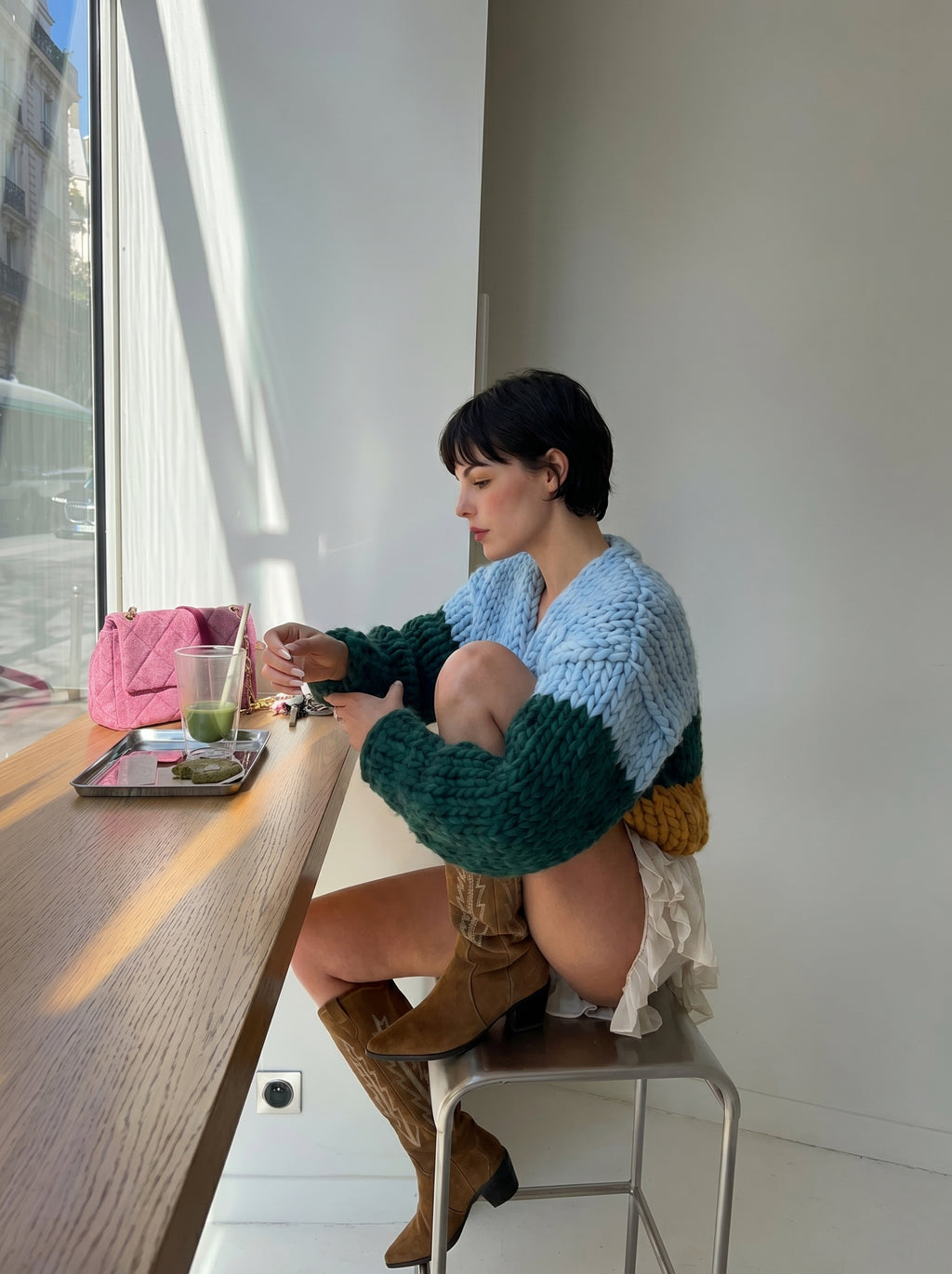 Colour Block No.1 — Hand-Knitted Cardigan in Sky Blue, Forest Green & Mustard