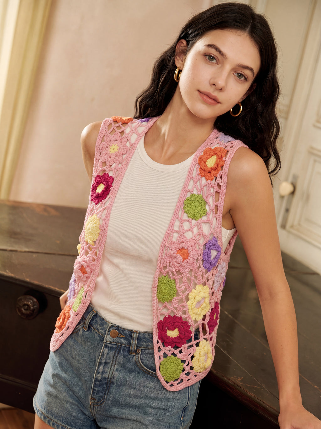 Handcrafted Floral Granny Square Crochet Vest — Pink